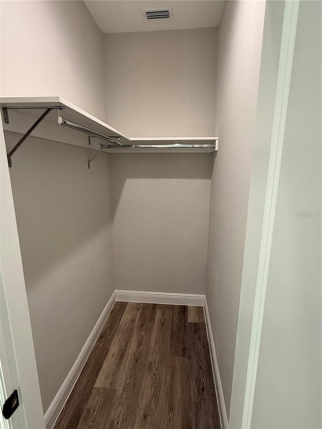 walk in closet with dark hardwood / wood-style floors