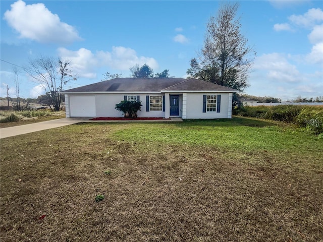 single story home with a front yard and a garage