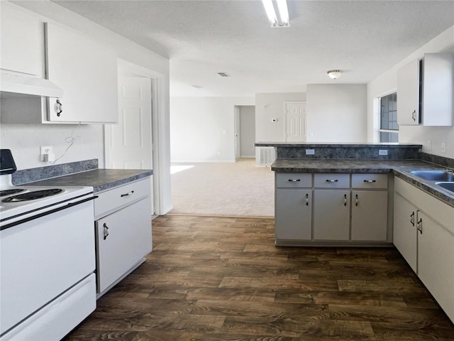 kitchen with exhaust hood, white cabinets, dark hardwood / wood-style floors, white electric range oven, and kitchen peninsula