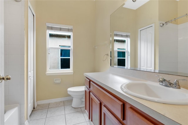 full bathroom featuring toilet, shower / bathing tub combination, vanity, and tile patterned floors