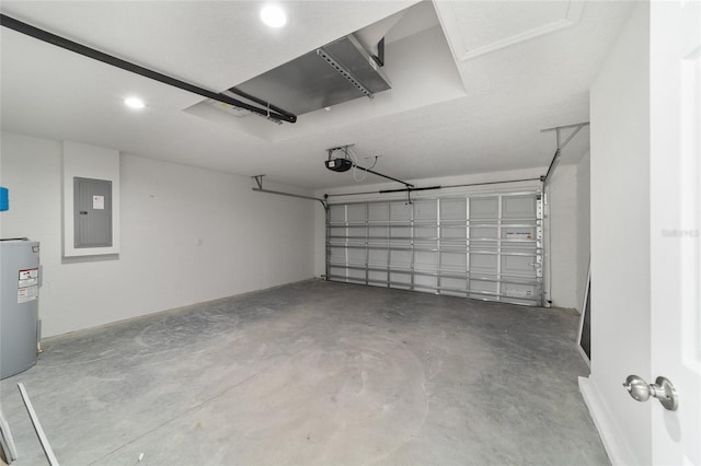 garage featuring electric panel, water heater, and a garage door opener