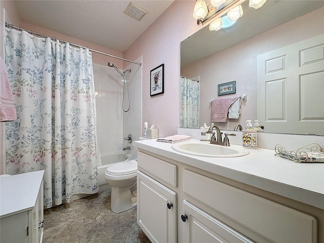 full bathroom with vanity, toilet, a textured ceiling, and shower / tub combo with curtain