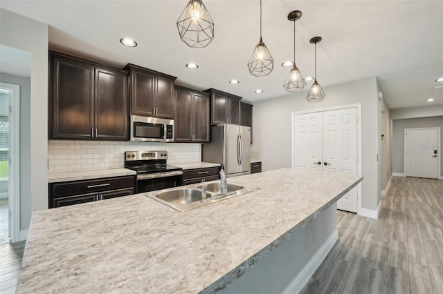 kitchen with appliances with stainless steel finishes, a center island with sink, pendant lighting, and sink