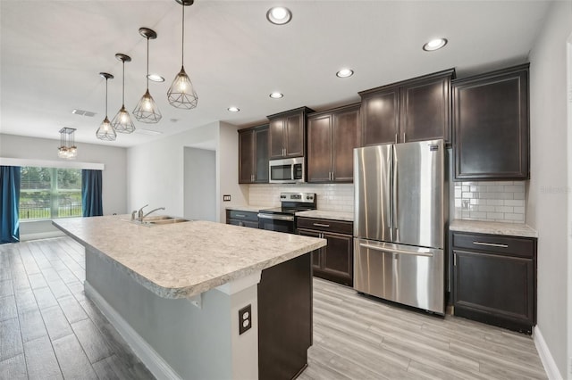 kitchen with pendant lighting, backsplash, a center island with sink, sink, and appliances with stainless steel finishes