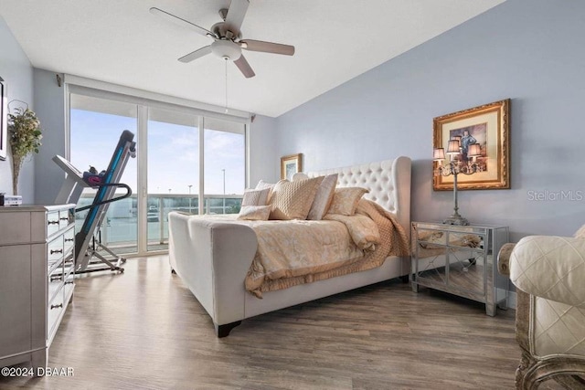 bedroom featuring ceiling fan, floor to ceiling windows, access to exterior, and dark hardwood / wood-style flooring