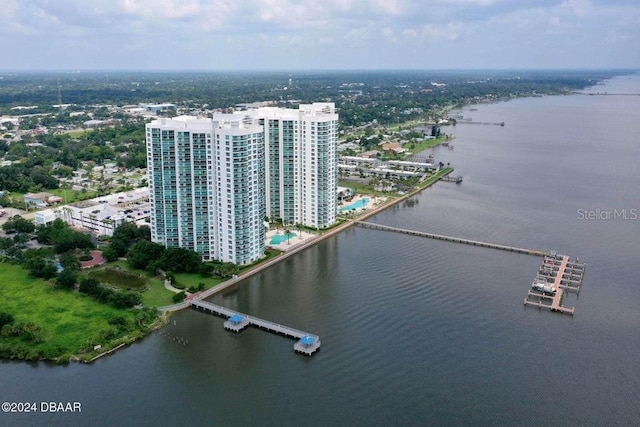 drone / aerial view with a water view