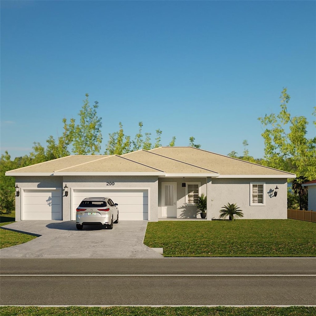 single story home with a garage and a front yard