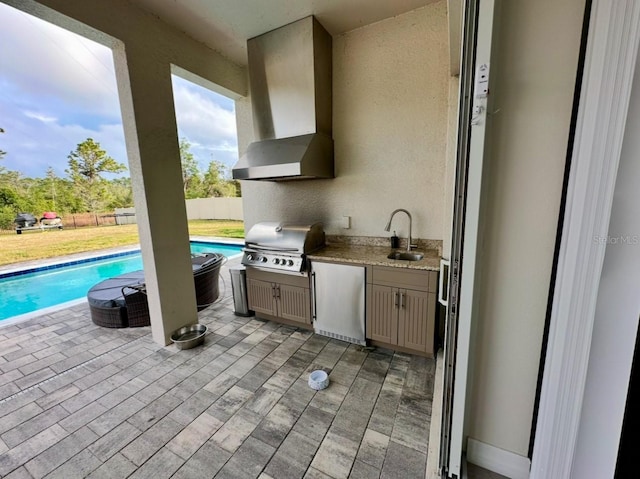 view of patio featuring an outdoor kitchen, a fenced in pool, area for grilling, and sink