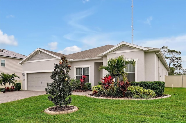 ranch-style home with a garage, decorative driveway, a front yard, and stucco siding