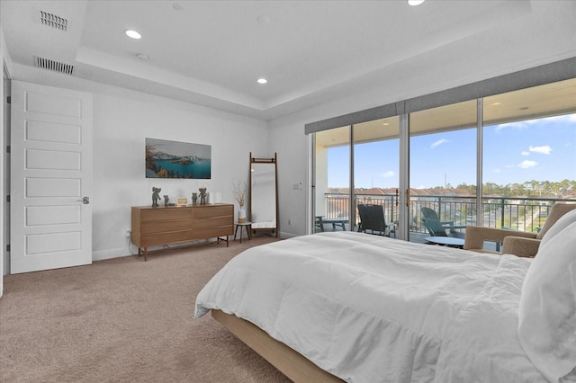 bedroom with access to exterior, a raised ceiling, and carpet floors