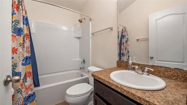 full bath with vanity, toilet, and shower / bathtub combination with curtain