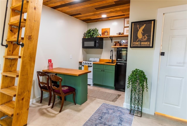 bar featuring sink, green cabinets, wooden counters, black appliances, and wood ceiling