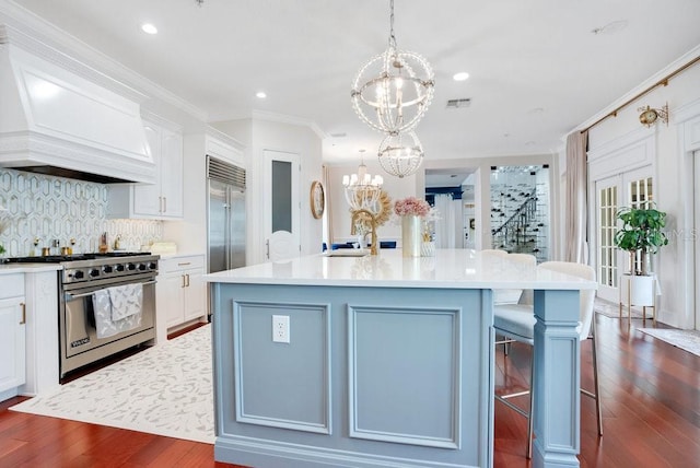 kitchen with high end appliances, a spacious island, decorative backsplash, custom range hood, and white cabinetry