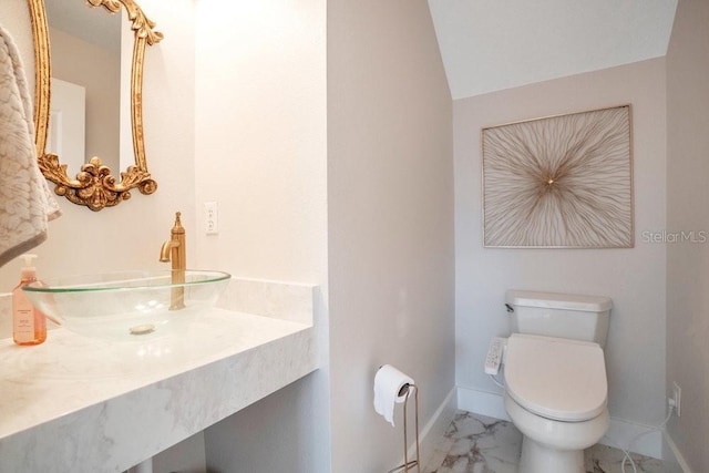 bathroom featuring vaulted ceiling, toilet, and sink