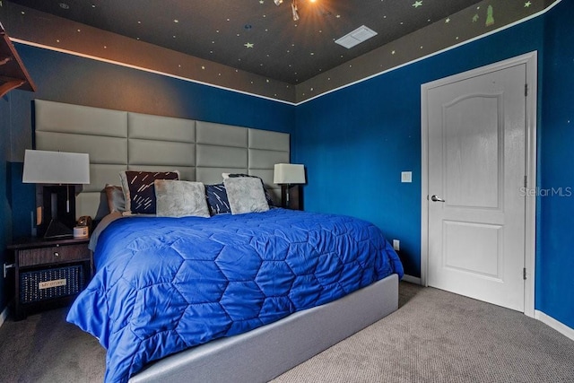 bedroom featuring carpet and a raised ceiling