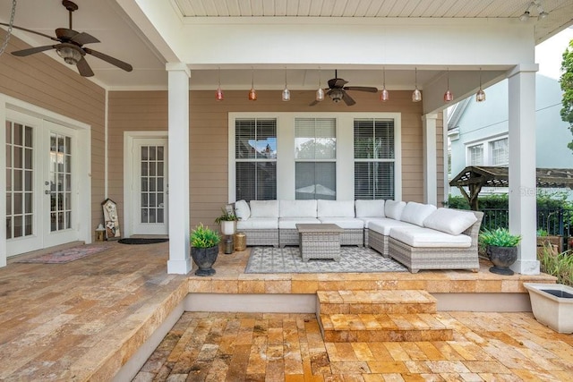 view of patio / terrace with outdoor lounge area, french doors, and ceiling fan