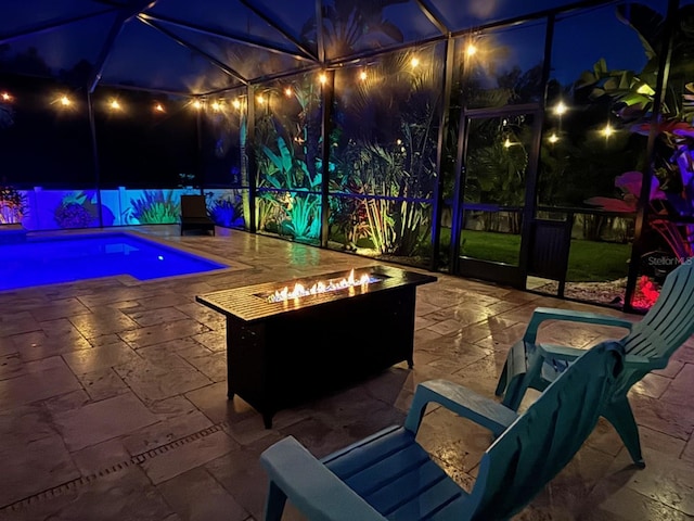 patio at twilight with a fire pit