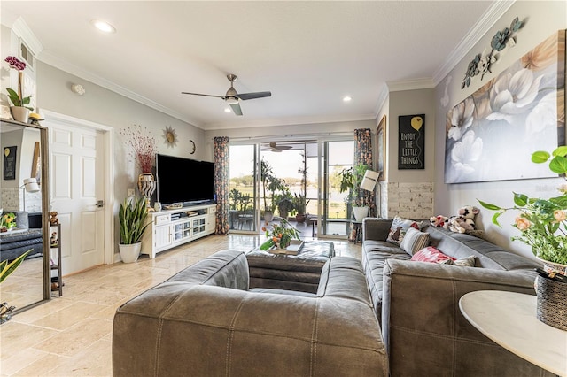 living room with ceiling fan and crown molding