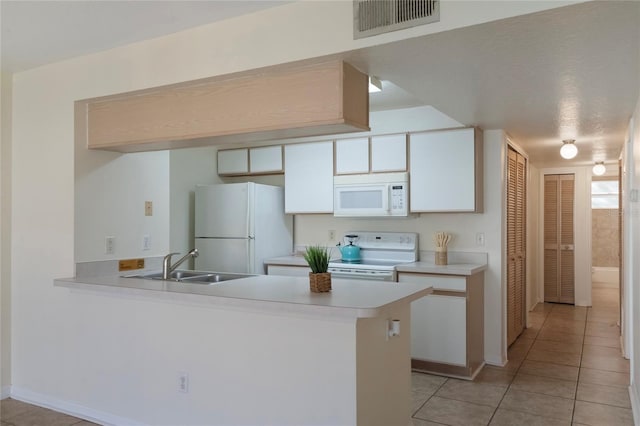 kitchen featuring white cabinetry, sink, kitchen peninsula, white appliances, and light tile patterned flooring