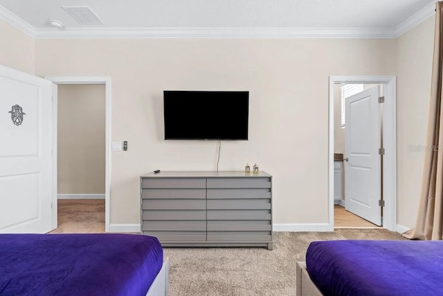 bedroom featuring light colored carpet and crown molding