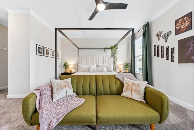 bedroom featuring carpet floors, ceiling fan, and crown molding