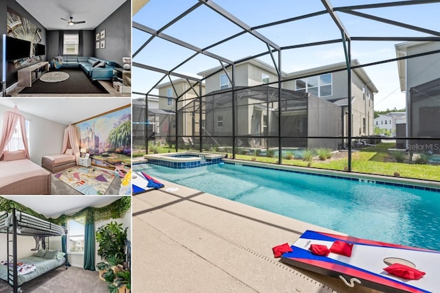 view of pool featuring glass enclosure, an in ground hot tub, a patio area, and outdoor lounge area