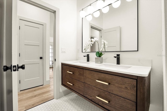 full bathroom with wood finished floors, a sink, and double vanity