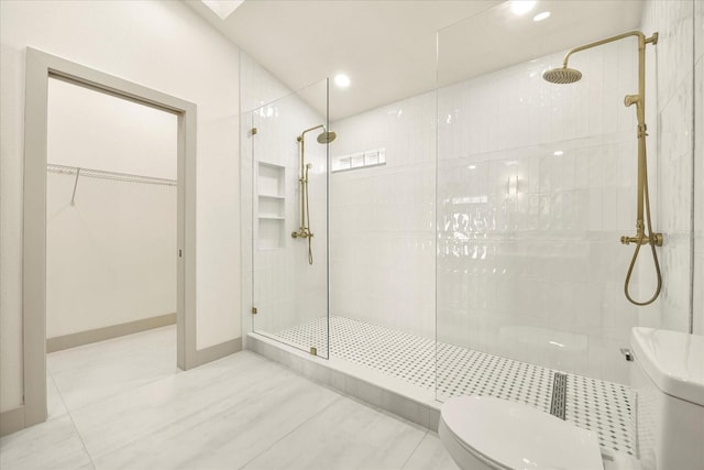 bathroom with toilet, walk in shower, tile patterned flooring, recessed lighting, and a walk in closet
