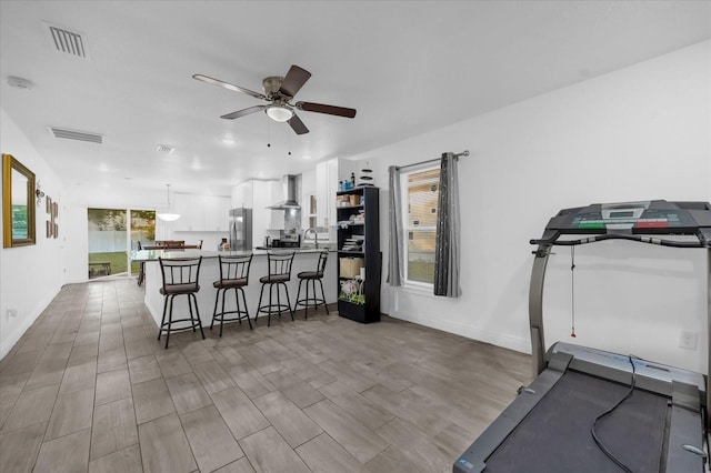 workout area featuring ceiling fan, a healthy amount of sunlight, and sink