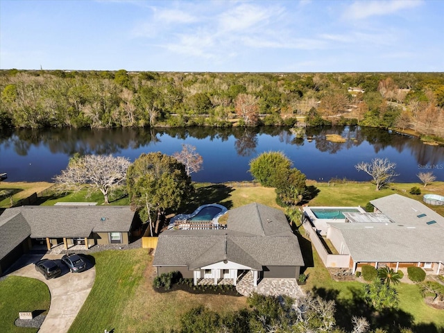 drone / aerial view featuring a water view