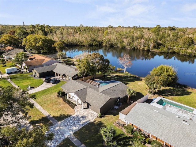 bird's eye view with a water view