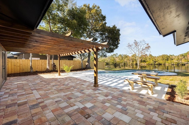 view of pool featuring a pergola, a fenced in pool, a water view, and a fenced backyard