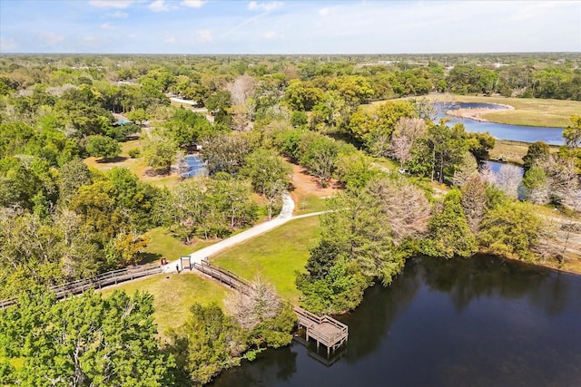 bird's eye view with a water view and a view of trees