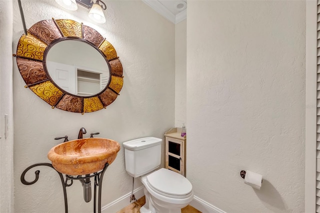 bathroom with crown molding and toilet