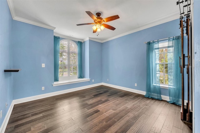 unfurnished room with wood-type flooring, ceiling fan, and ornamental molding