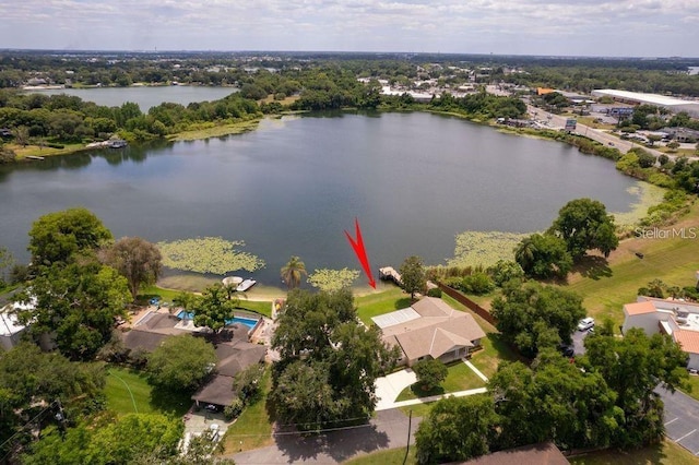 drone / aerial view featuring a water view