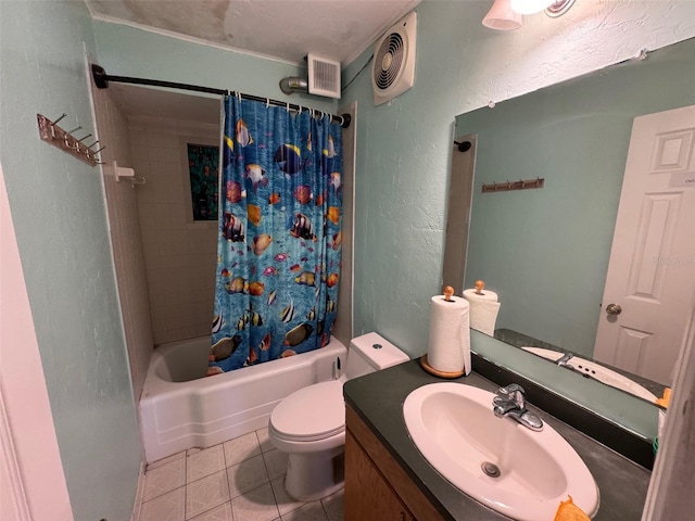 full bathroom with tile patterned floors, vanity, toilet, and shower / bathtub combination with curtain