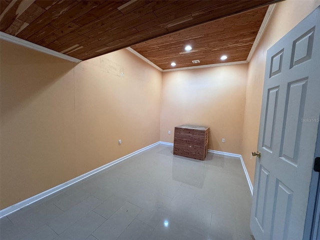 empty room with wooden ceiling and ornamental molding