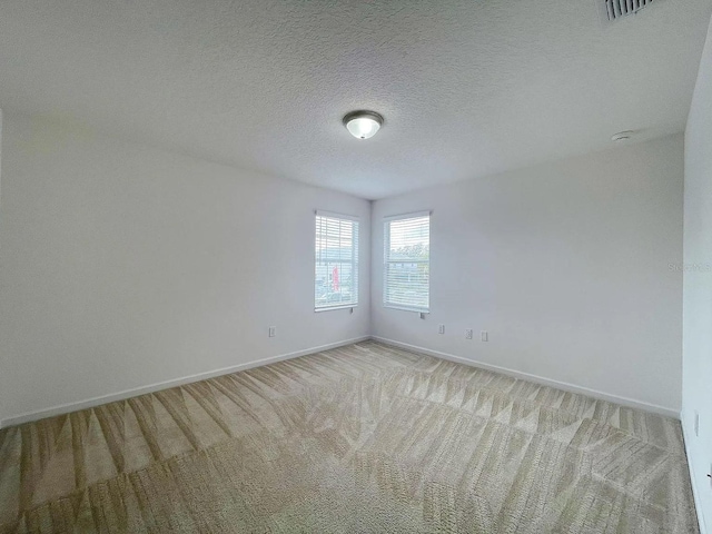 unfurnished room featuring a textured ceiling and light colored carpet