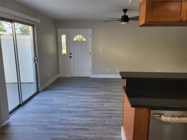 foyer featuring a textured ceiling, light wood-type flooring, and ceiling fan