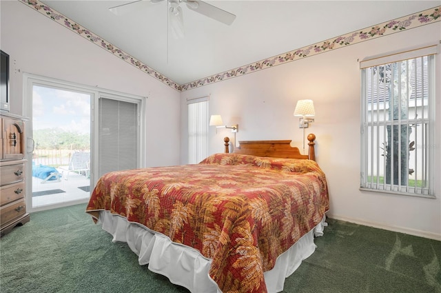 bedroom with baseboards, ceiling fan, access to exterior, vaulted ceiling, and carpet flooring