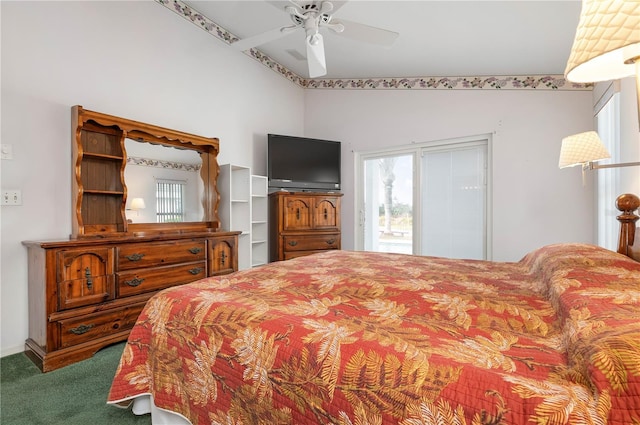 carpeted bedroom featuring ceiling fan and access to exterior