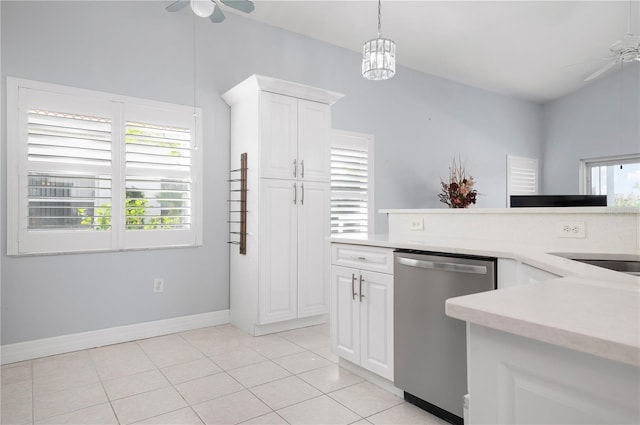 kitchen with a ceiling fan, light countertops, and stainless steel dishwasher