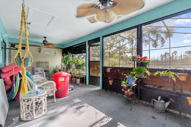 sunroom / solarium with ceiling fan and a healthy amount of sunlight