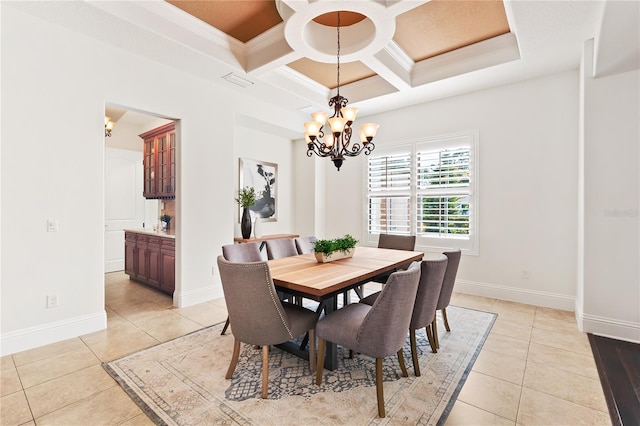 tiled dining space with beam ceiling, crown molding, a chandelier, and coffered ceiling