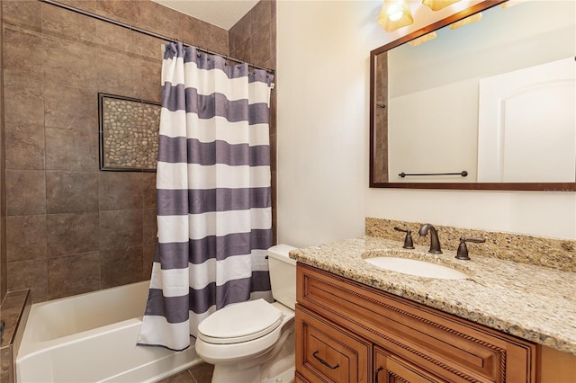 full bathroom with tile patterned floors, vanity, shower / bath combination with curtain, and toilet