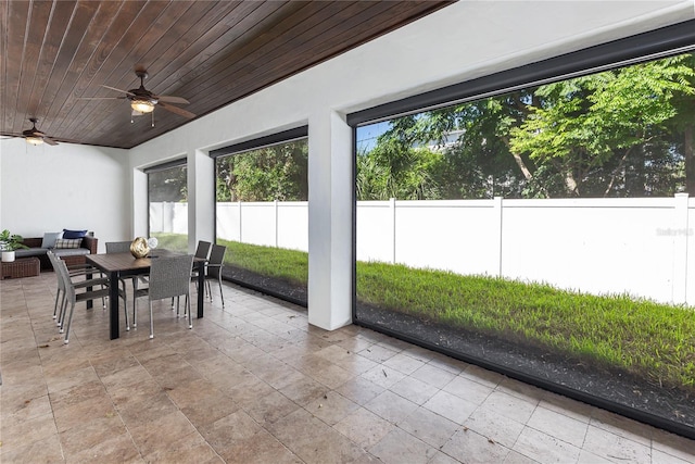 sunroom / solarium featuring ceiling fan and wood ceiling