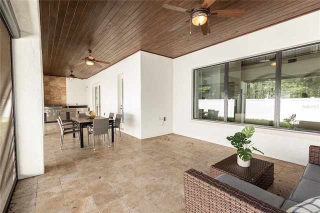 interior space with area for grilling and ceiling fan