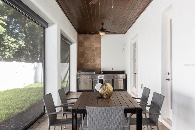 sunroom / solarium with ceiling fan and wood ceiling