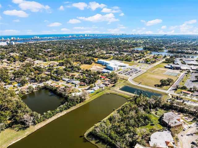 bird's eye view with a water view